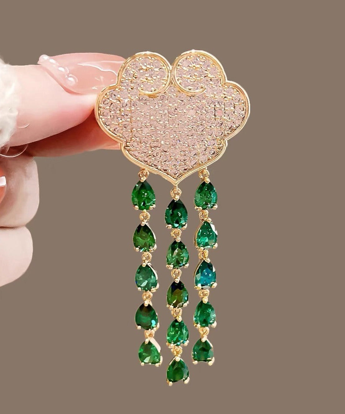 Chic Green Alloy Auspicious Clouds Crystal Tassel Brooch RG007 ABC