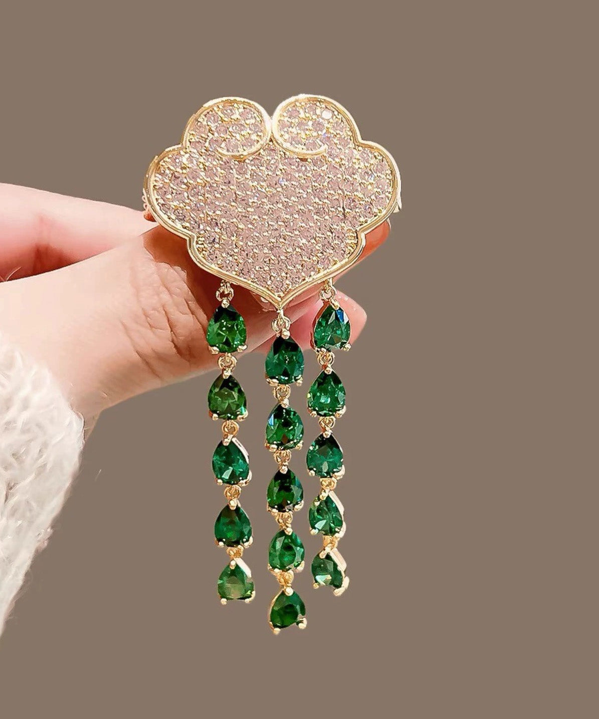 Chic Green Alloy Auspicious Clouds Crystal Tassel Brooch RG007 ABC