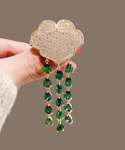 Chic Green Alloy Auspicious Clouds Crystal Tassel Brooch RG007 ABC
