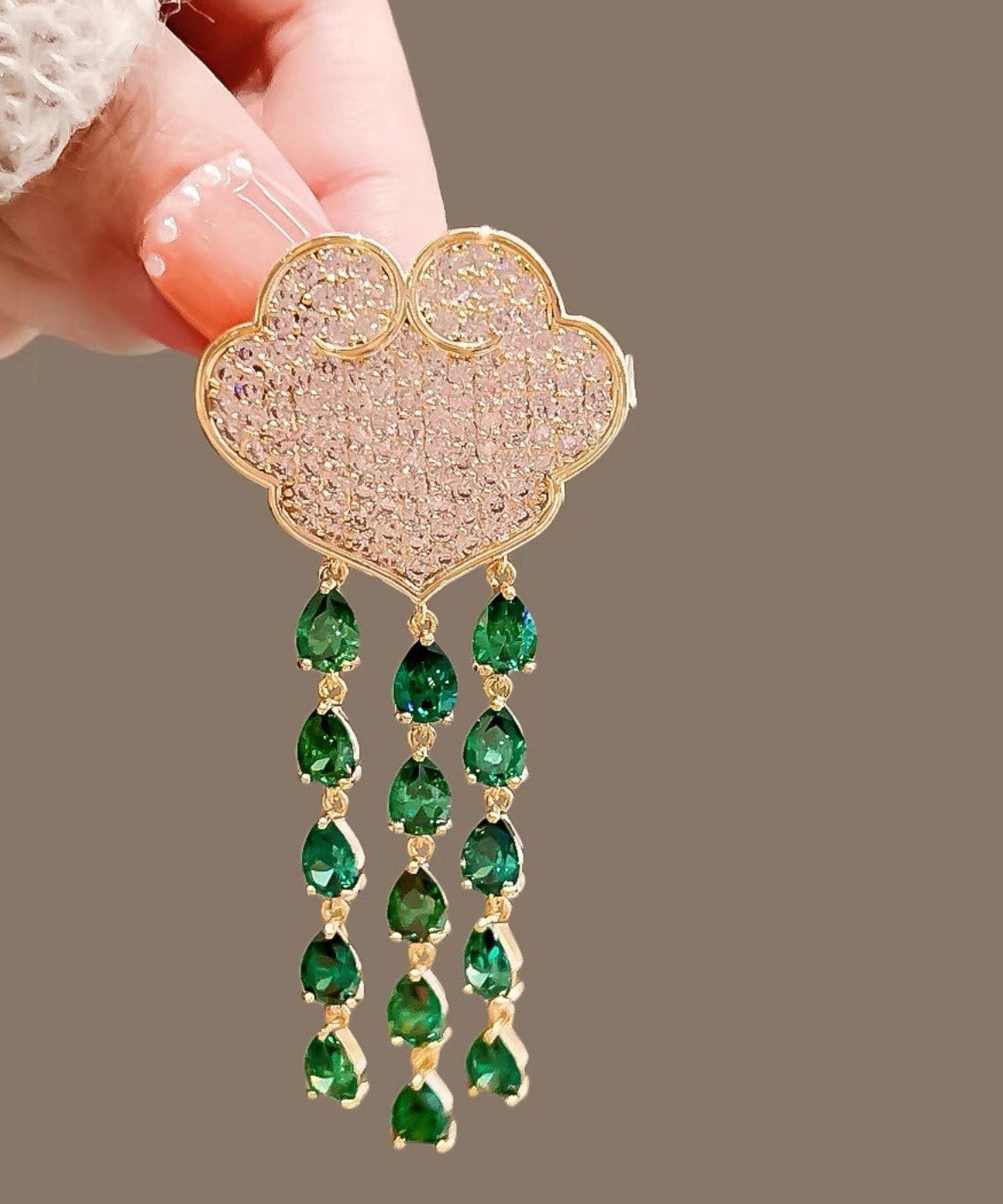 Chic Green Alloy Auspicious Clouds Crystal Tassel Brooch RG007 ABC