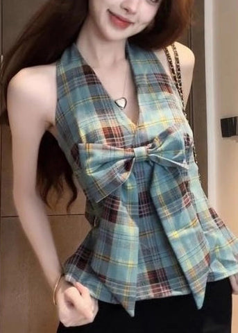 Halter Vests Backless Chic Plaid Summer Green FashionChic