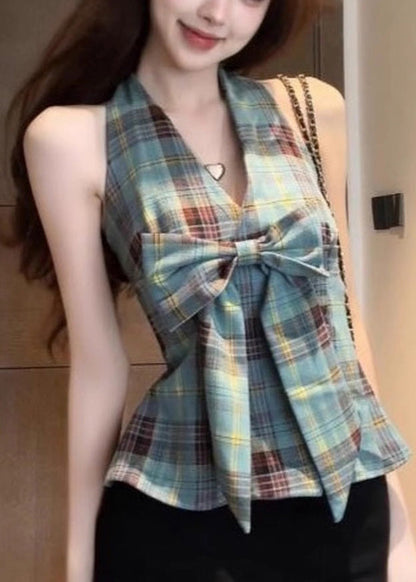 Halter Vests Backless Chic Plaid Summer Green FashionChic