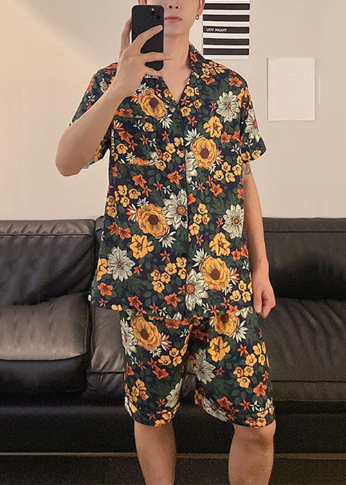 Chic Green Button Print Ice Silk Mens Pajamas Two Piece Set Clothing Summer HG048 Men-Silk-MENTS240725