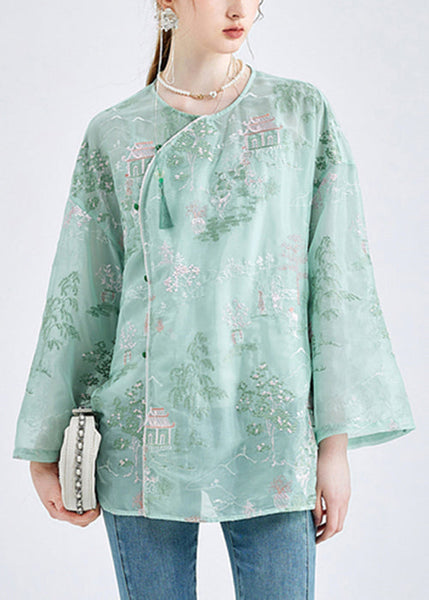 Chic Green Embroidered Button Chiffon 2 Piece Outfit Spring KK050 SH-LF-TPIEC240602