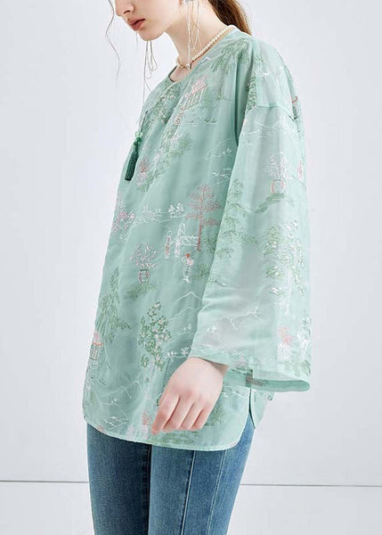 Chic Green Embroidered Button Chiffon 2 Piece Outfit Spring KK050 SH-LF-TPIEC240602