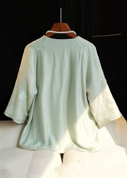 Chic Green Embroidered Side Open Linen Shirt Bracelet Sleeve JH015 MMDM-HTP240717