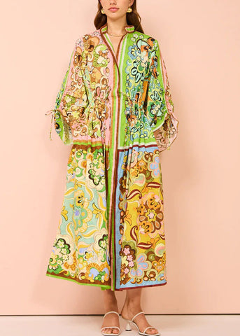 Chic Green Lace Up Print Pockets Cotton Shirts Dress Spring FF084 SH-LF-FDL240603