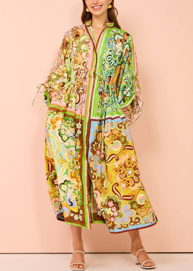 Chic Green Lace Up Print Pockets Cotton Shirts Dress Spring FF084 SH-LF-FDL240603