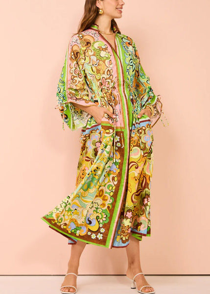 Chic Green Lace Up Print Pockets Cotton Shirts Dress Spring FF084 SH-LF-FDL240603