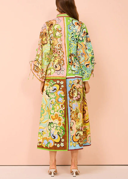 Chic Green Lace Up Print Pockets Cotton Shirts Dress Spring FF084 SH-LF-FDL240603