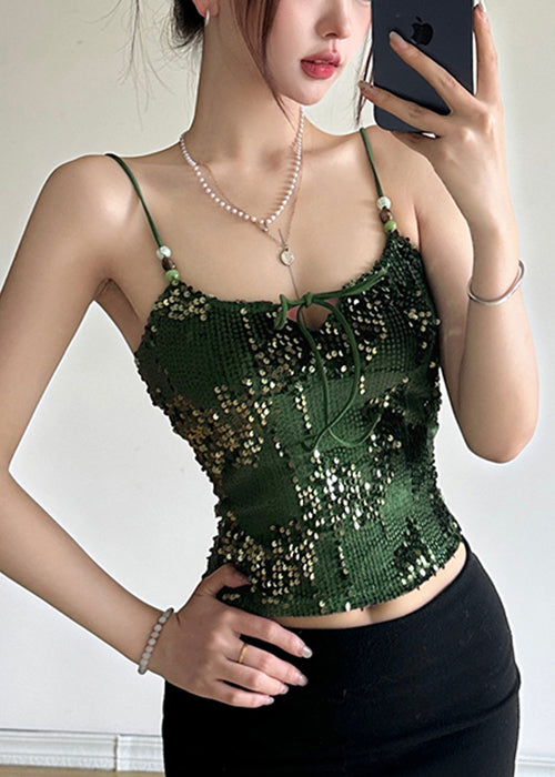 Green Sequins Tank Up Strap Spaghetti Sleeveless Chic Lace FashionChic