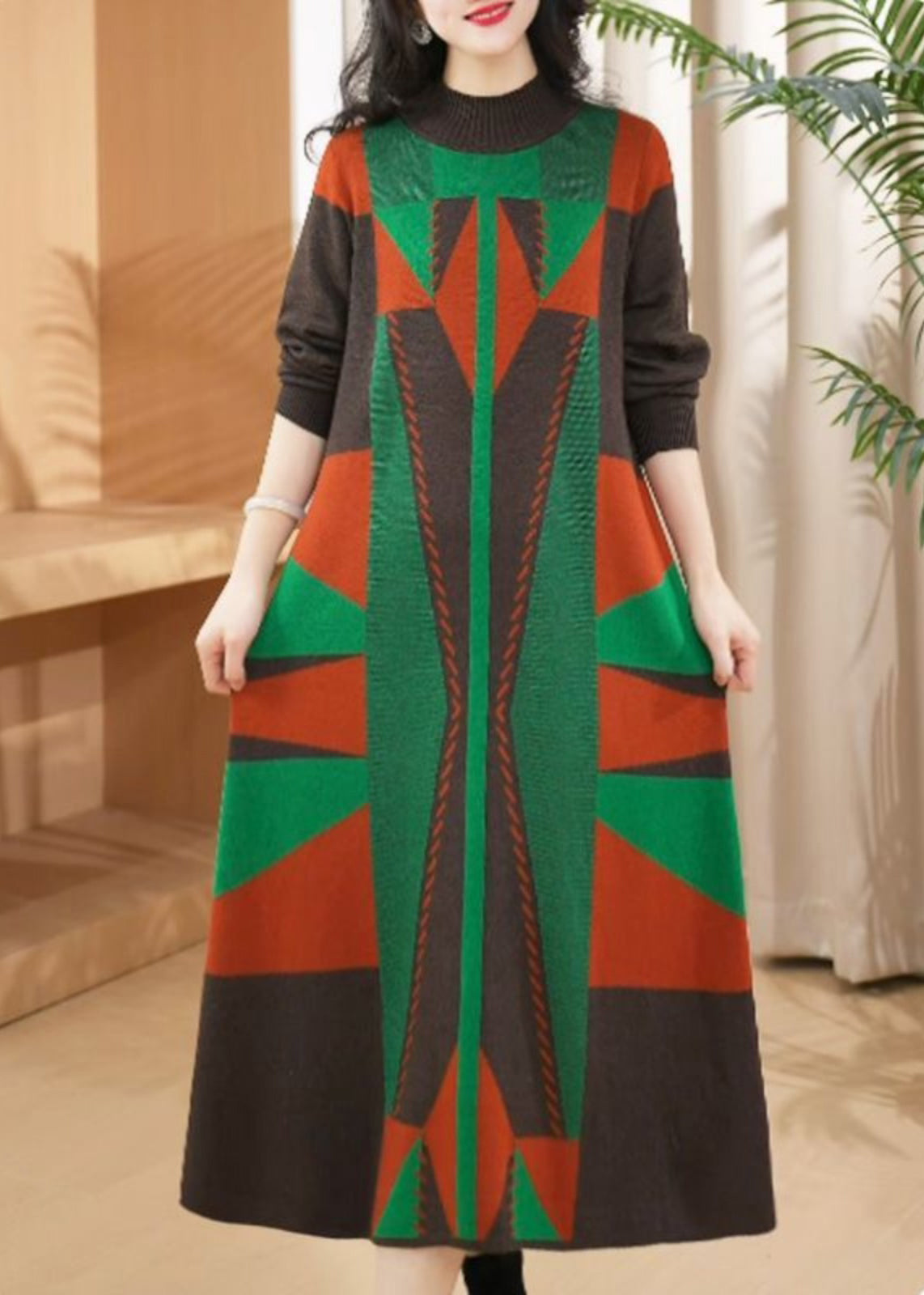 Chic Green O Neck Geometric Woolen Long Knit Dress Winter RF012 ABC