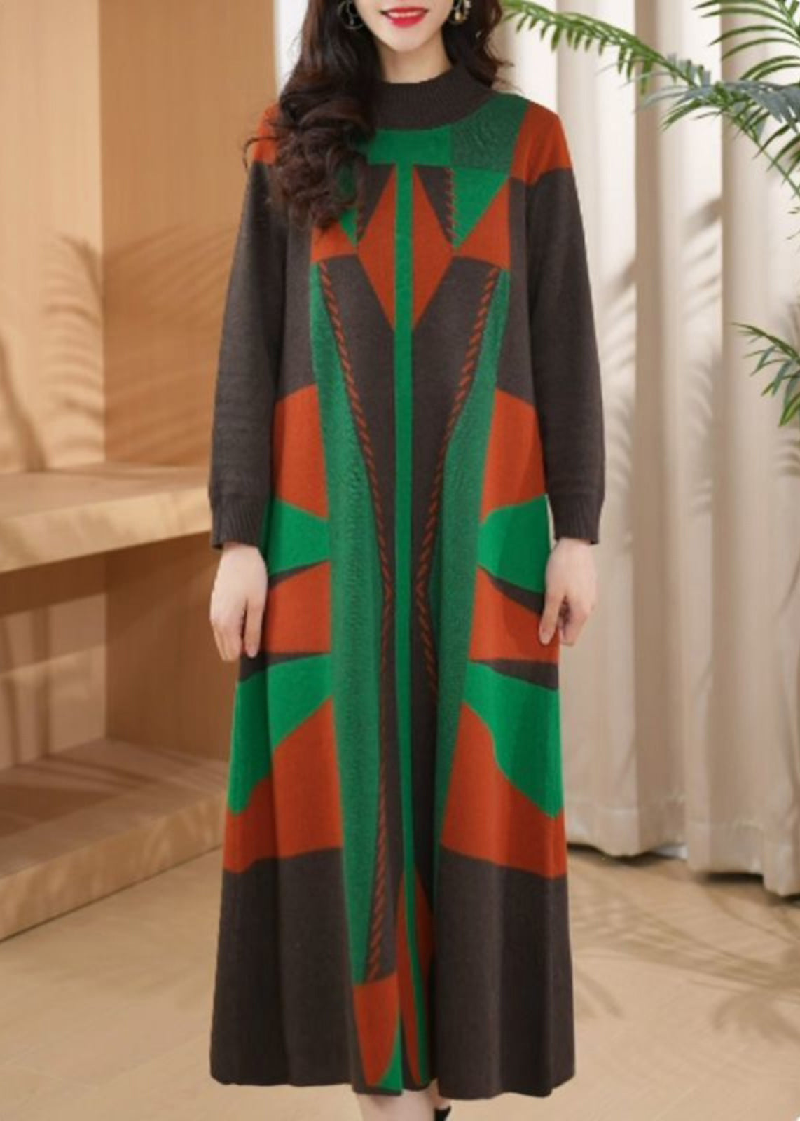 Chic Green O Neck Geometric Woolen Long Knit Dress Winter RF012 ABC