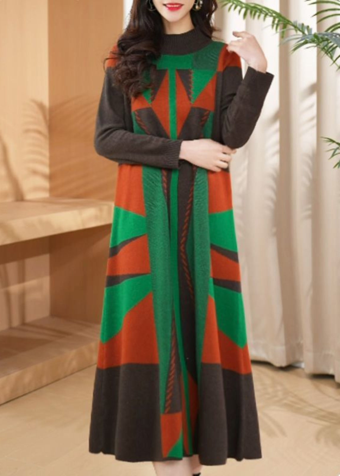 Chic Green O Neck Geometric Woolen Long Knit Dress Winter RF012 ABC