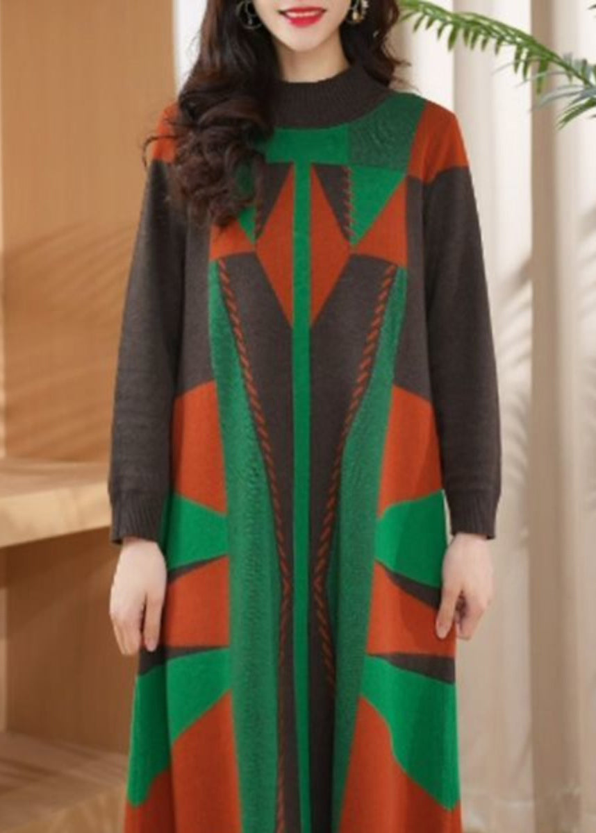 Chic Green O Neck Geometric Woolen Long Knit Dress Winter RF012 ABC