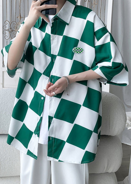 Ice Shirts Sleeve Chic Plaid Green Collar Men Peter Silk Half Pan FashionChic