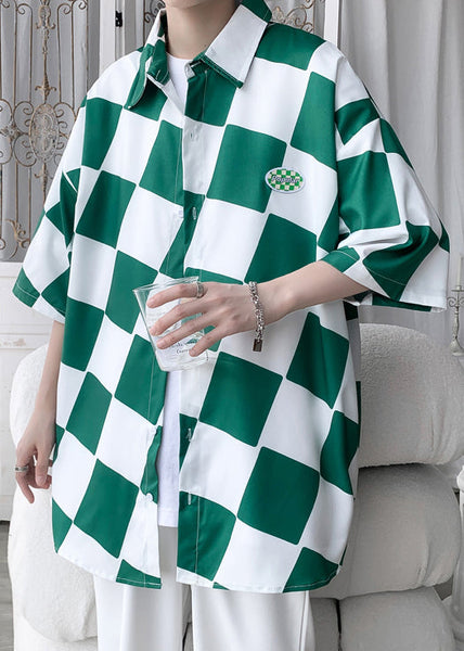 Ice Shirts Sleeve Chic Plaid Green Collar Men Peter Silk Half Pan FashionChic