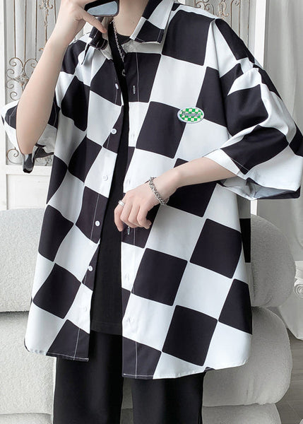 Ice Shirts Sleeve Chic Plaid Green Collar Men Peter Silk Half Pan FashionChic