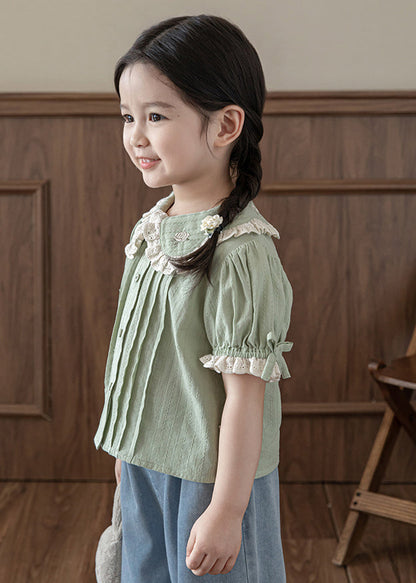 Chic Green Peter Pan Collar Print Button Kids Top Summer SS1027 MM-RCTZ-STP240601