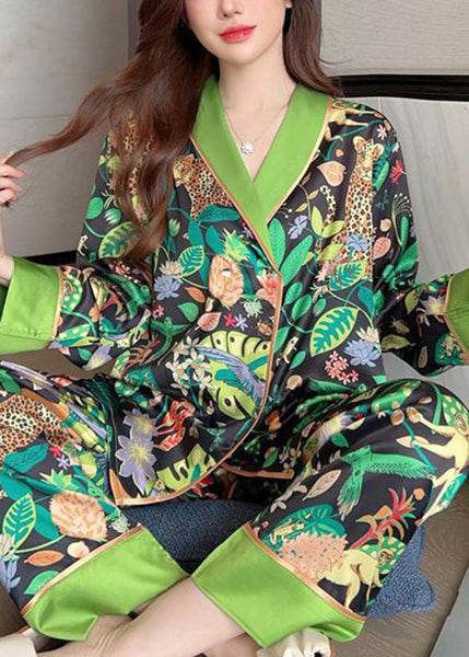 Chic Green Peter Pan Collar Print Ice Silk Pajamas Two-Piece Set Spring YK010 ABC