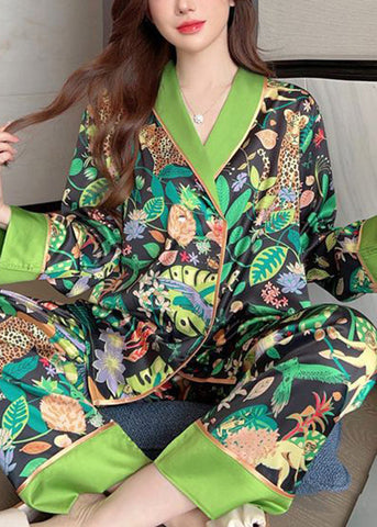 Chic Green Peter Pan Collar Print Ice Silk Pajamas Two-Piece Set Spring YK010 ABC