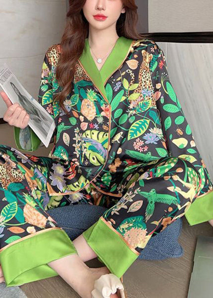 Chic Green Peter Pan Collar Print Ice Silk Pajamas Two-Piece Set Spring YK010 ABC