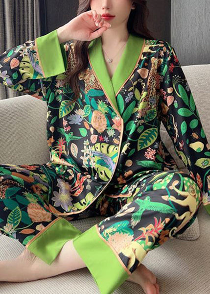 Chic Green Peter Pan Collar Print Ice Silk Pajamas Two-Piece Set Spring YK010 ABC