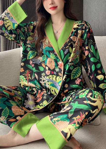Chic Green Peter Pan Collar Print Ice Silk Pajamas Two-Piece Set Spring YK010 ABC