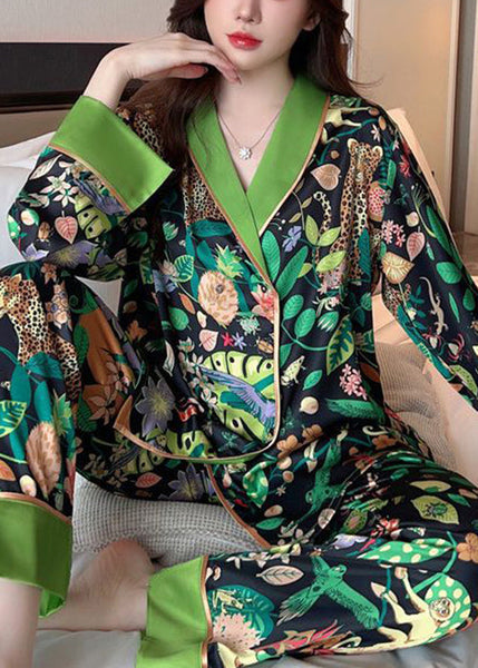 Chic Green Peter Pan Collar Print Ice Silk Pajamas Two-Piece Set Spring YK010 ABC