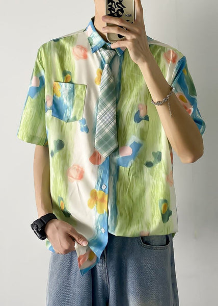 Shirts Green Cotton Print Mens Pan Collar Peter Chic Pockets FashionChic