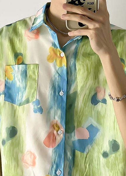 Shirts Green Cotton Print Mens Pan Collar Peter Chic Pockets FashionChic