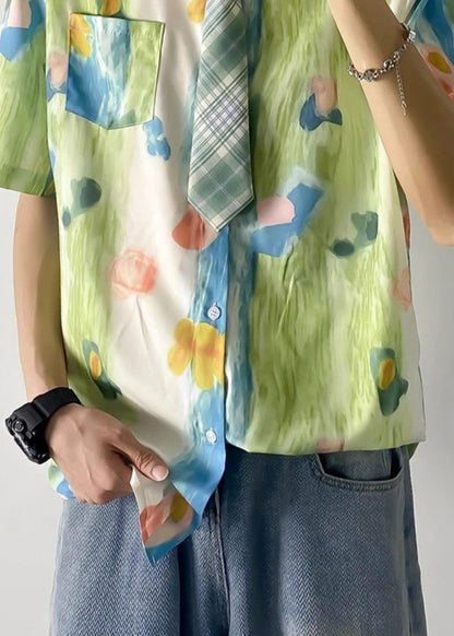 Shirts Green Cotton Print Mens Pan Collar Peter Chic Pockets FashionChic