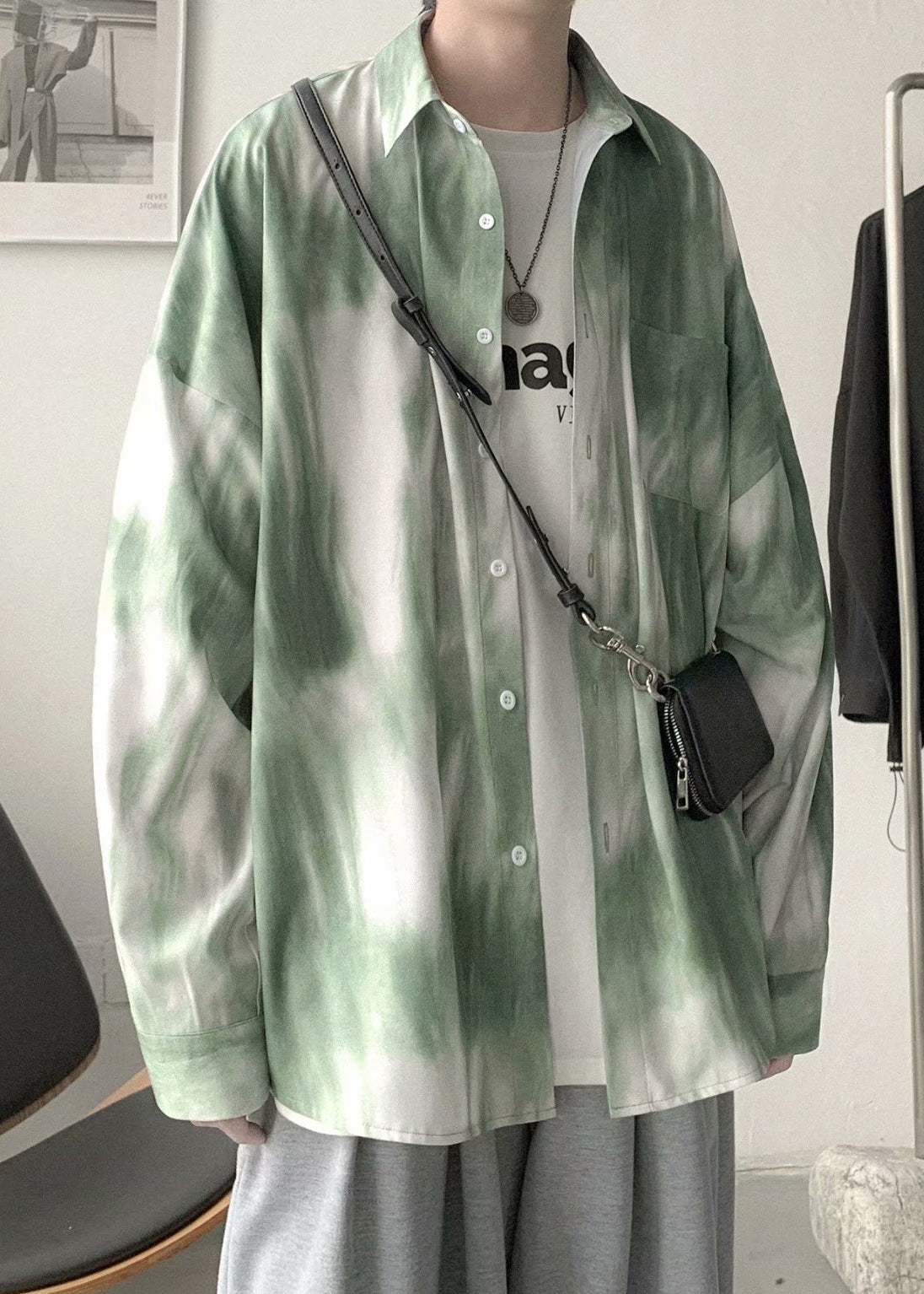 Shirts Men Pan Spring Cotton Tie Chic Peter Collar Green Dye FashionChic