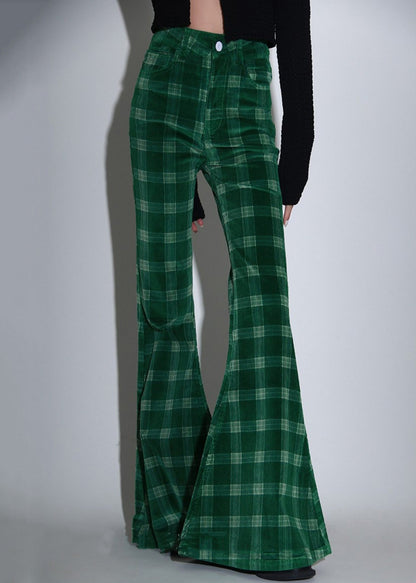 Chic Green Plaid Pockets Corduroy Flare Bottoms Spring Ada Fashion