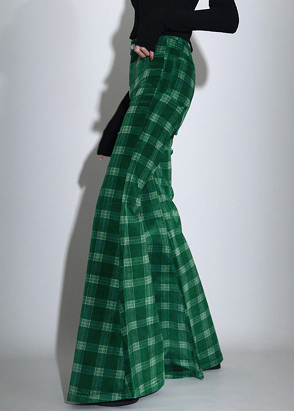 Chic Green Plaid Pockets Corduroy Flare Bottoms Spring Ada Fashion