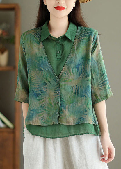 Chic Green Print False Two Pieces Linen Shirt Half Sleeve VV086 HS-HTP240627