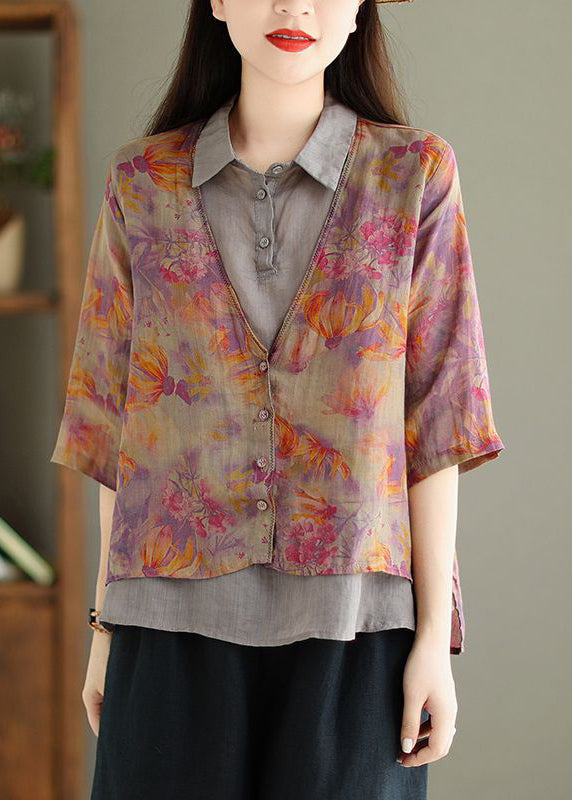 Chic Green Print False Two Pieces Linen Shirt Half Sleeve VV086 HS-HTP240627