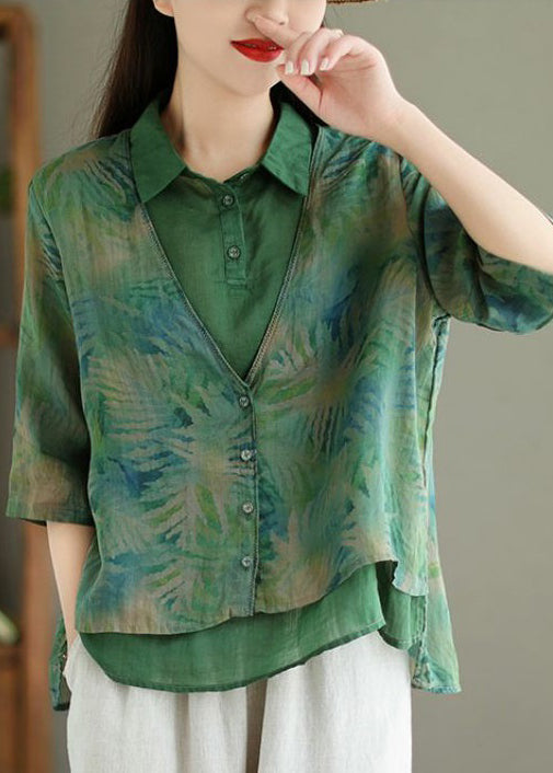 Chic Green Print False Two Pieces Linen Shirt Half Sleeve VV086 HS-HTP240627