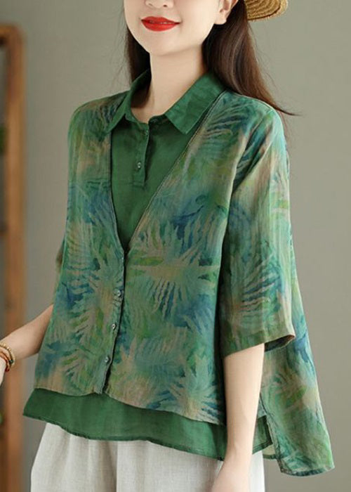 Chic Green Print False Two Pieces Linen Shirt Half Sleeve VV086 HS-HTP240627