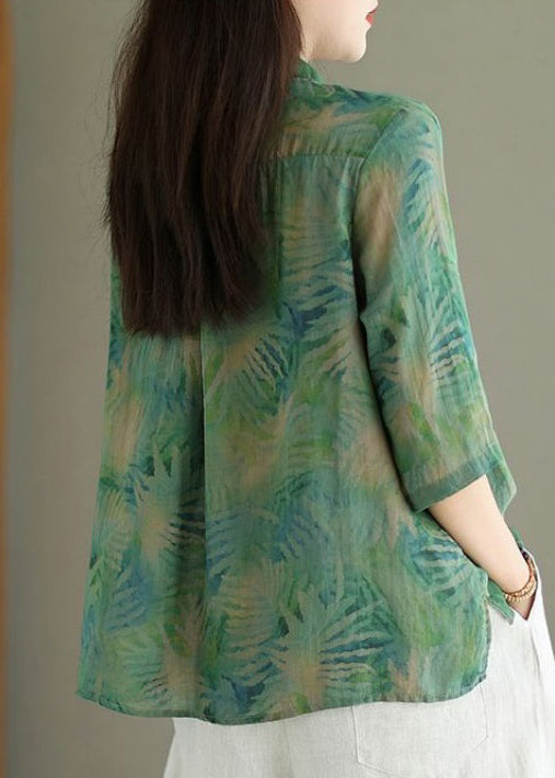 Chic Green Print False Two Pieces Linen Shirt Half Sleeve VV086 HS-HTP240627