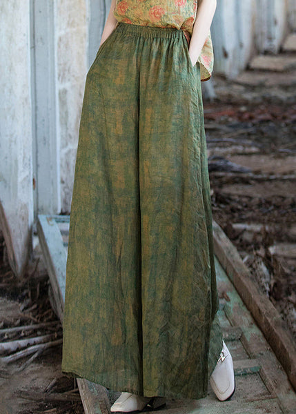 Chic Green Print Pockets Linen Wide Leg Pants Summer QE029 MZF-LPTS240927