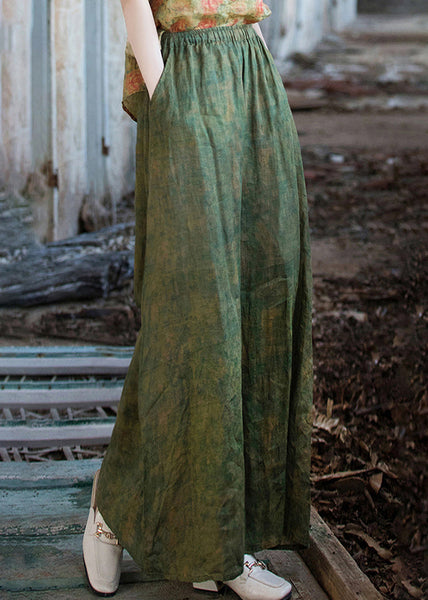 Chic Green Print Pockets Linen Wide Leg Pants Summer QE029 MZF-LPTS240927