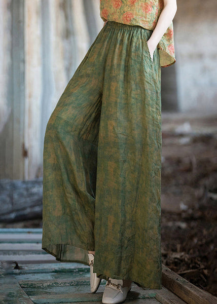 Chic Green Print Pockets Linen Wide Leg Pants Summer QE029 MZF-LPTS240927