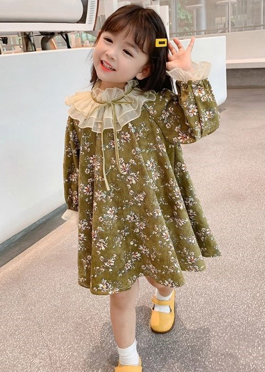 Chic Green Ruffled Lace Up Print Cotton Kids Girls Dresses Long Sleeve XZ065 FALL-MM-RCTZ-FDGM240618