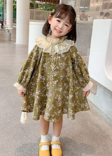 Chic Green Ruffled Lace Up Print Cotton Kids Girls Dresses Long Sleeve XZ065 FALL-MM-RCTZ-FDGM240618