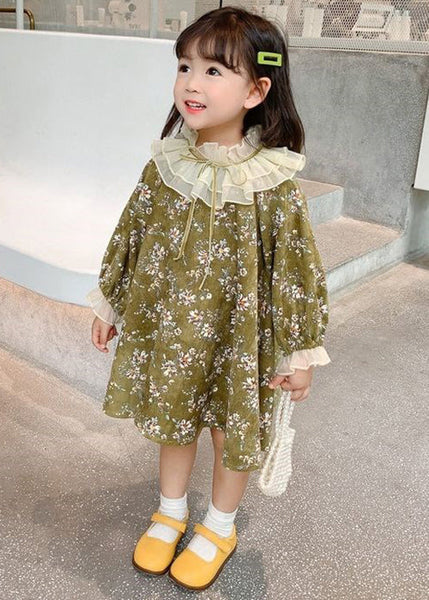 Chic Green Ruffled Lace Up Print Cotton Kids Girls Dresses Long Sleeve XZ065 FALL-MM-RCTZ-FDGM240618