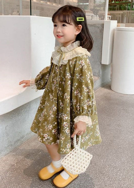 Chic Green Ruffled Lace Up Print Cotton Kids Girls Dresses Long Sleeve XZ065 FALL-MM-RCTZ-FDGM240618