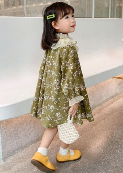 Chic Green Ruffled Lace Up Print Cotton Kids Girls Dresses Long Sleeve XZ065 FALL-MM-RCTZ-FDGM240618