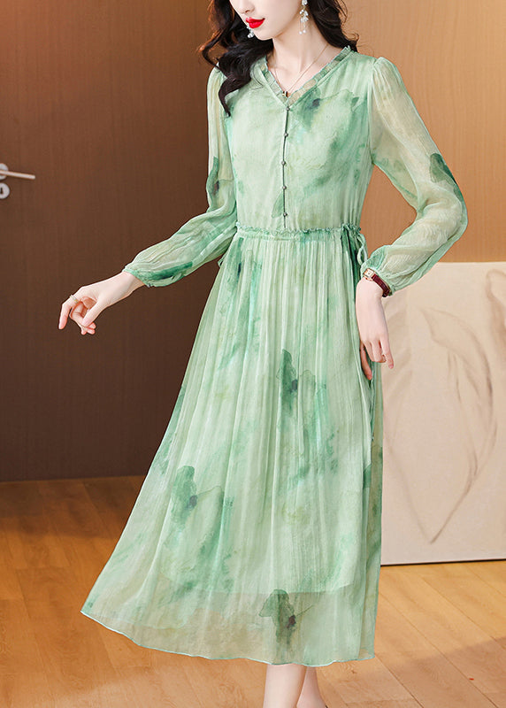 Chic Green Ruffled Print Lace Up Chiffon Dress Summer BB034 Hawaii-SDL240622