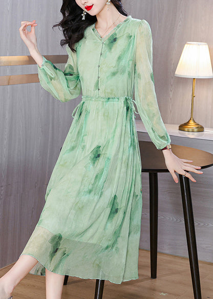 Chic Green Ruffled Print Lace Up Chiffon Dress Summer BB034 Hawaii-SDL240622